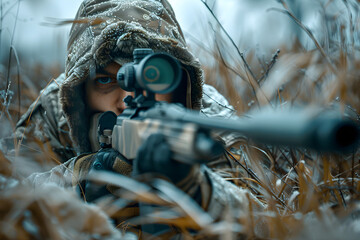 Sniper taking aim while hiding - obrazy, fototapety, plakaty
