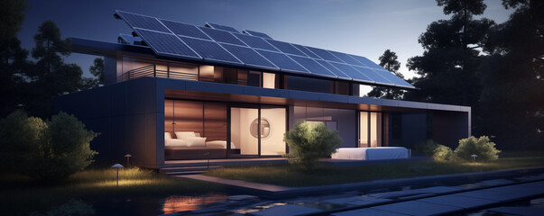 Obraz premium futuristic generic smart home with solar panels rooftop system for renewable energy concepts, concept house that is covered in solar panels and windows in the front yard