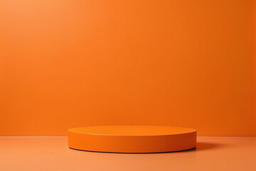 Empty pedestal display on orange background with blank stand for product show or presentation