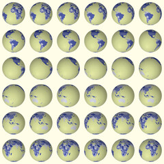 Collection of earth globes. Normal sphere view. Rotation step 10 degrees. Colored countries style. World map with dense graticule lines on light background. Creative vector illustration.