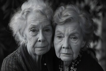 Senior sisters women twins black and white photo. - obrazy, fototapety, plakaty