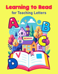 ABCD Alphabet Books cover design template for Teaching Letters, title page for kids cover Preschool learning books, School, cityscape roofs houses with trees, education, study, cartoon illustration