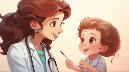 Heartwarming cartoon illustration depicts a caring doctor providing tender and compassionate care to children, ensuring a comforting and nurturing environment for their well-being and recovery.