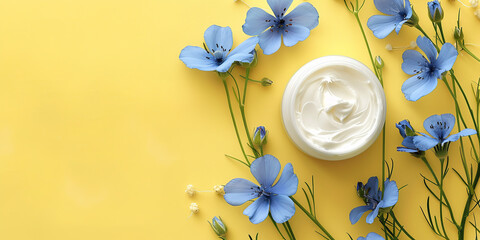 a jar of facial cream and blue flowers against a yellow background with copy space