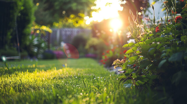 A photo of a backyard garden on a beautiful summer afternoon, background blurred