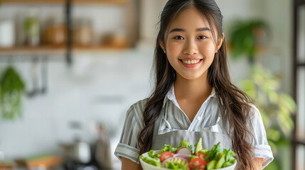 Naklejka premium Asian woman holds a salad bowl. Smiling face, happy to eat