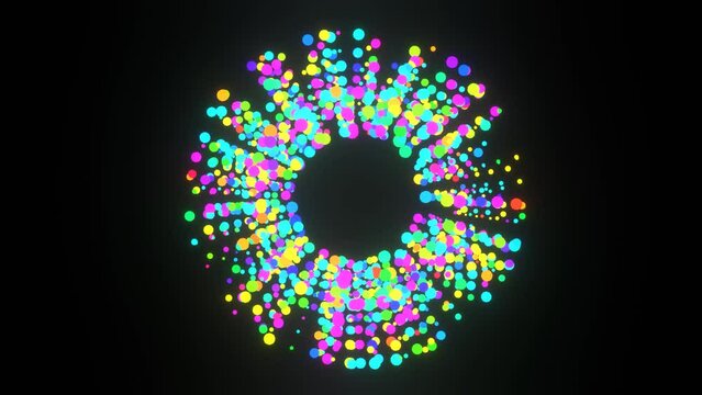 Rotating and blooming abstract circle with color changing colorful particles 