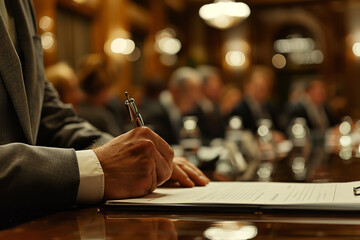 Businessman signing documents Crowded conference room background, closeup, front view, daytime - obrazy, fototapety, plakaty