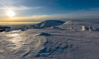Winter mountain dream at sunset, the Giant mountains.