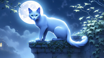 ghostly feline form ethereal glow perched atop an antique oak dresser moonlight - obrazy, fototapety, plakaty