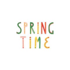 Watercolor english words of Spring Time. Bright colorful letters set. Red, orange, green, yellow, beig, peach fuzz texture. Cute hand-drawn illustration isolated on transparent for your design.	