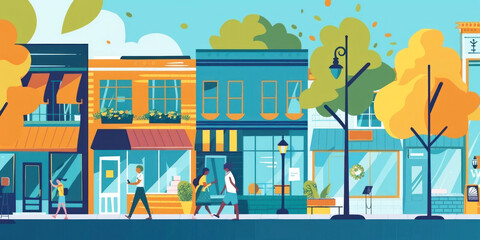 Charming digital artwork of an animated streetscape with vibrant colors depicting people strolling