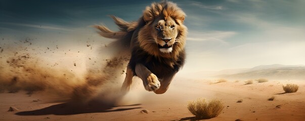 Natures thrilling pursuit unfolds as a lion sprints after a gazelle. Concept Wildlife, Predator and Prey, Chase, Survival of the Fittest, Animal Behavior - obrazy, fototapety, plakaty