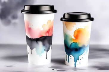 Download this stylish image featuring two paper coffee cups with a unique watercolor design