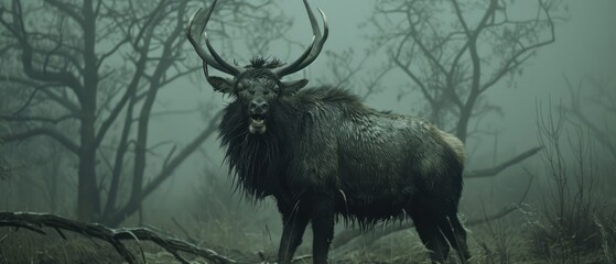 a large horned animal standing in the middle of a forest filled with tall grass and dead trees on a foggy day.
