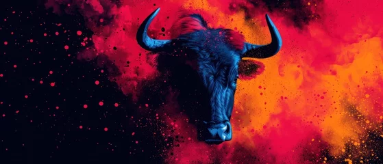 Tuinposter a painting of a bull's head with red and orange paint splattered on it's face. © Jevjenijs