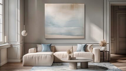  Luxury interior with creme color sofa and  pale blue pillows. Quiet luxury concept.