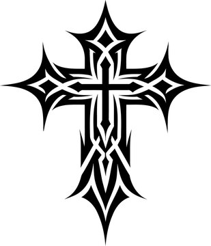 gothic cross in modern tribal tattoo, abstract line art, minimalist contour,