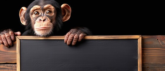 a close up of a monkey holding a sign on a wooden surface with a blackboard in front of it. - obrazy, fototapety, plakaty