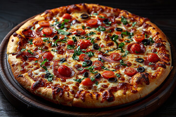 pizza on a dark background, overhead view