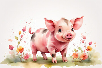 Cute pig with flowers on white background. Watercolor painting.