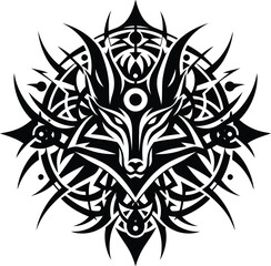 evil in modern tribal tattoo, abstract line art, minimalist contour,