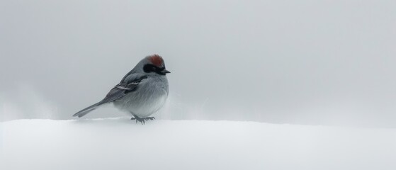a small bird sitting on top of a snow covered ground next to a bird with a red patch on it's head.