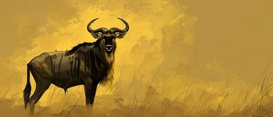 a painting of a wildebeest standing in a field of tall grass with a yellow sky in the background.