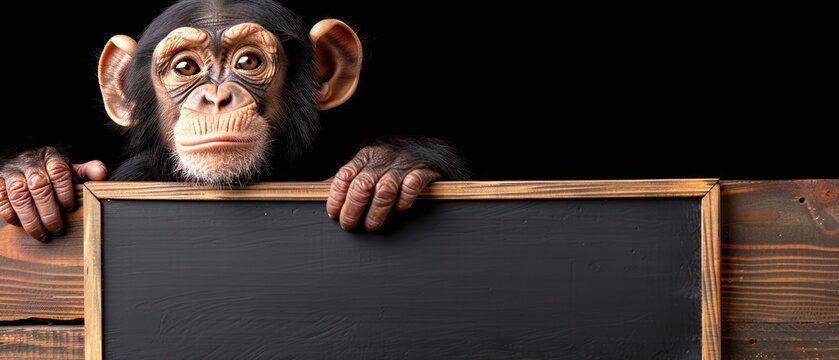 a close up of a monkey holding a sign on a wooden surface with a blackboard in front of it.
