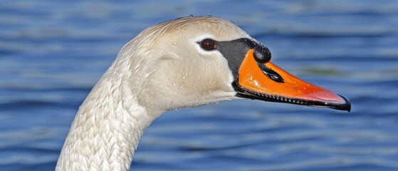 a close up of a duck's head in front of a body of water with a blue sky in the background.