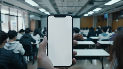 product still, a hand holding smartphone in the university classroom full of students, blank white screen