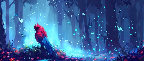 a painting of a red bird sitting on a tree stump in the middle of a forest with butterflies flying around.