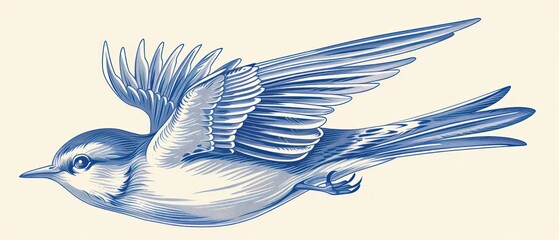 a blue and white drawing of a bird flying in the air with its wings spread wide open and spread out.