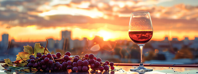 wine and grapes on a table by the sunset, in the style of cityscape, light magenta