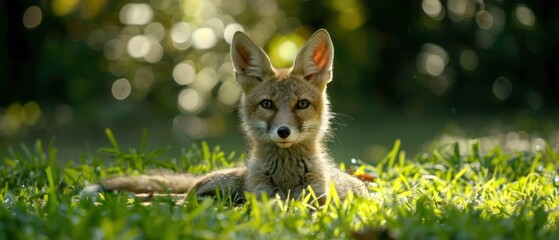 a close up of a small fox laying in a field of grass with a blurry tree in the background.