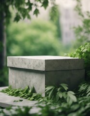 one and concrete podium in Natural green background, the scene with green leaves