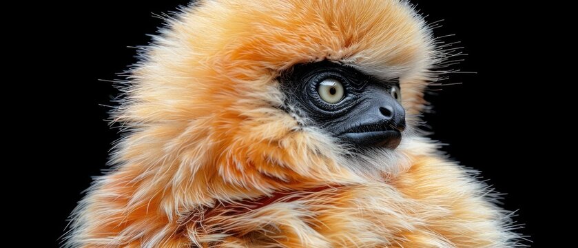 a close up of a monkey's face on a black background with a blurry image of the monkey's head.