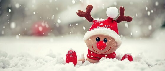 a close up of a stuffed animal in the snow wearing a santa claus hat and scarf with a snowflake on its head.