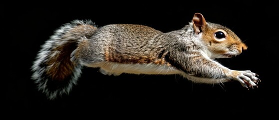 a close up of a squirrel flying in the air with its front paws on the ground and it's front paws on the ground.