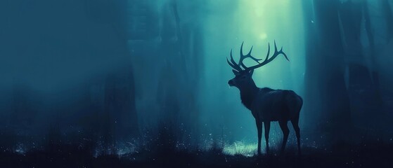 a deer standing in the middle of a forest with lots of light coming from it's head and antlers.