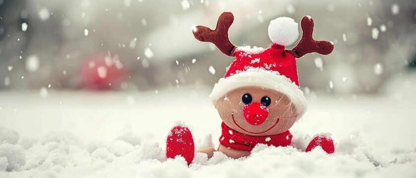 a close up of a stuffed animal in the snow wearing a santa claus hat and scarf with a snowflake on its head.