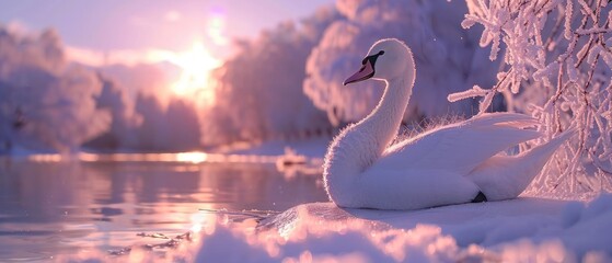 a white swan sitting on top of a body of water next to snow covered trees and a body of water.