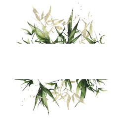 Watercolor greenery bamboo horizontal rectangular frame. Green and golden texture exotic branches, leaves and twigs. Watercolour template design.
