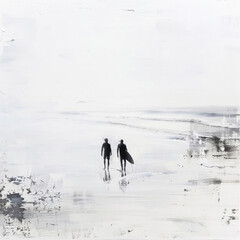 Two surfers, silhouetted against a serene monochrome seascape