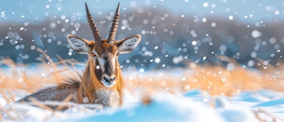 a close up of a goat with very long horns in a field of grass with snow falling on the ground.