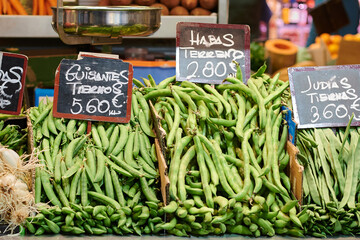 Market counter with fresh products and vegetables