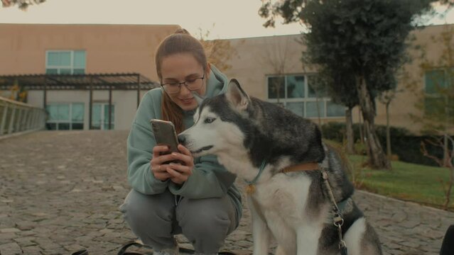 Happy casual young woman and Husky dog use smartphone together touching screen by nose having fun