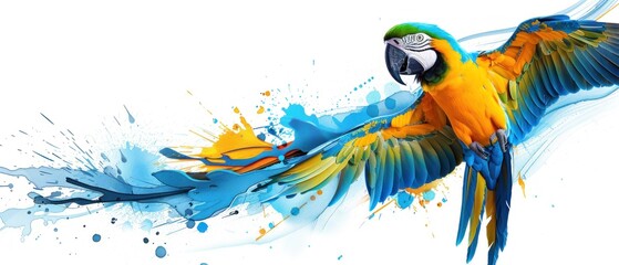 a colorful parrot flying through the air with splashes of paint on it's body and wings, on a white background.