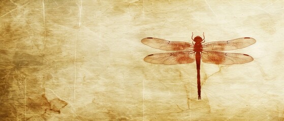 a red dragonfly sitting on top of a piece of paper with a grungy look to it's wings.