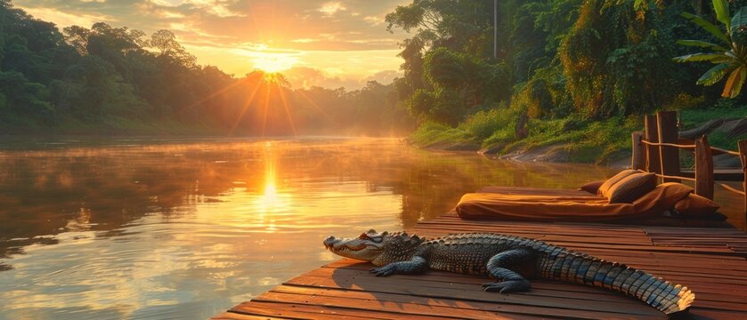 a large alligator laying on a wooden dock next to a body of water with the sun setting in the background.
